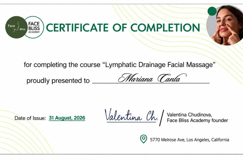 Certificado de Lymphatic Drainage Facial Massage de Face Bliss Academy a nombre de Mariana Canta, 31 de agosto de 2026