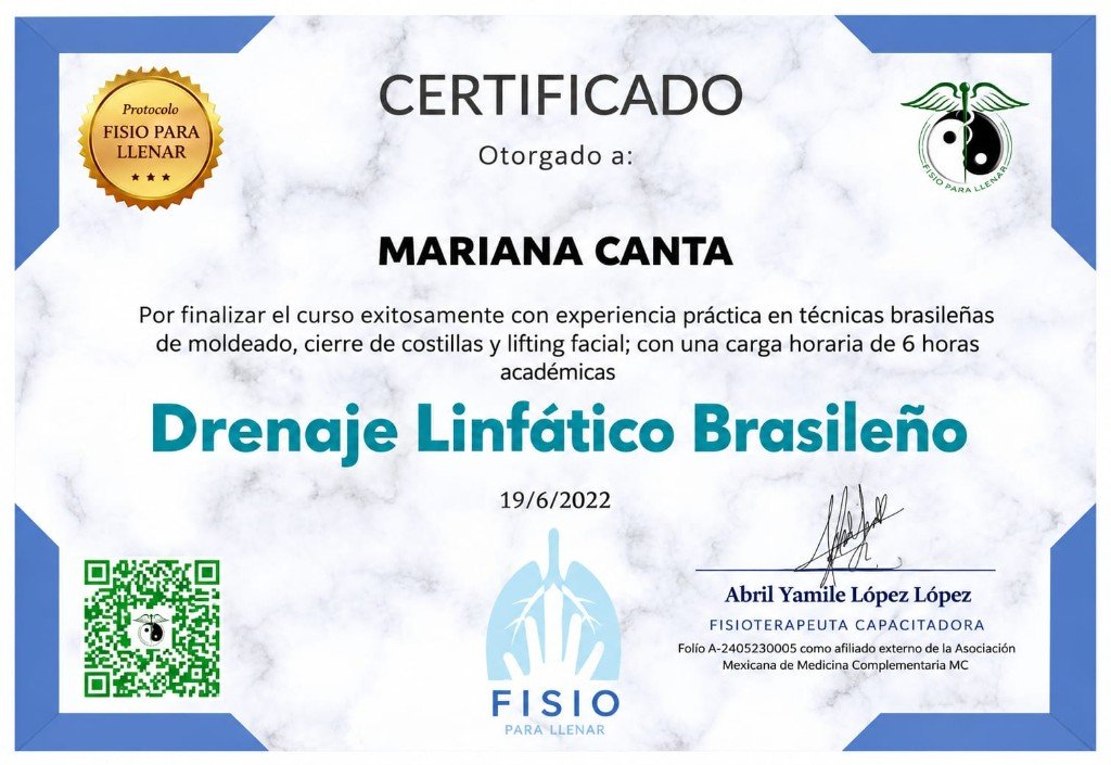 Certificado de Drenaje Linfático Brasileño a nombre de Mariana Canta, 19 de junio de 2022