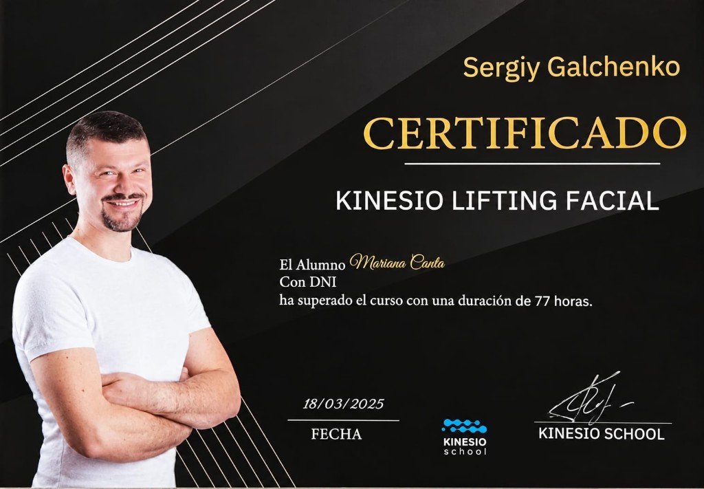 Certificado de Kinesio Lifting Facial de Kinesio School a nombre de Mariana Canta, 77 horas, 18 de marzo de 2025
