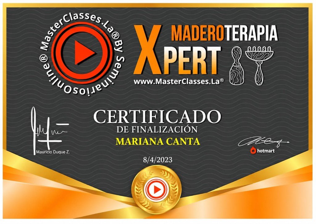 Certificado de Maderoterapia Xpert de MasterClasses.La a nombre de Mariana Canta, 8 de abril de 2023