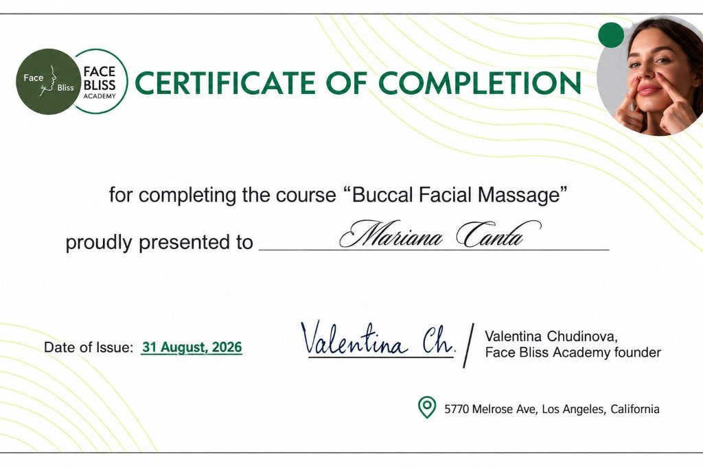 Certificado de Buccal Facial Massage de Face Bliss Academy a nombre de Mariana Canta, 31 de agosto de 2026