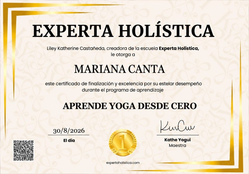 Certificado de Experta Holística, programa Aprende Yoga desde Cero, a nombre de Mariana Canta, 30 de agosto de 2026
