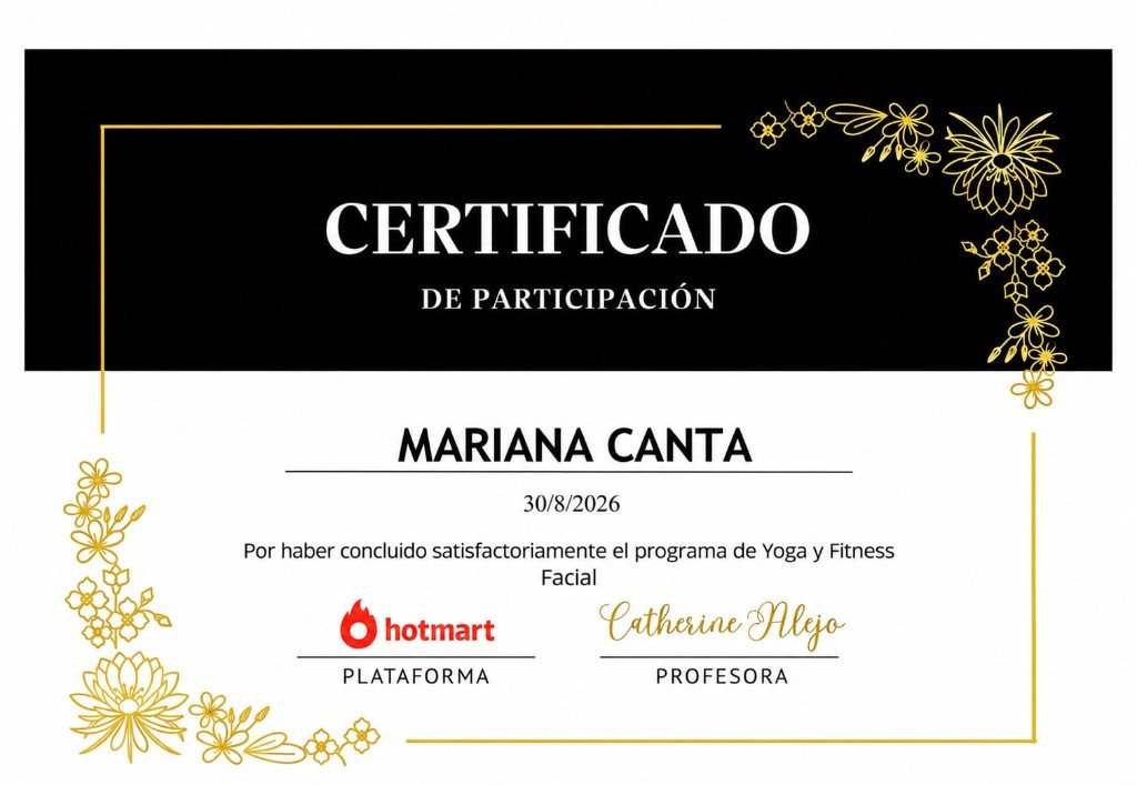 Certificado de Yoga y Fitness Facial a nombre de Mariana Canta, 30 de agosto de 2026